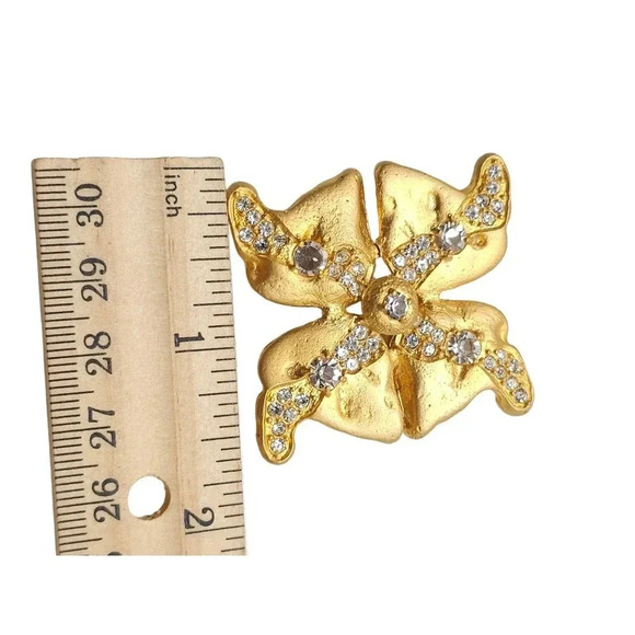 Pallas Rhinestone Four Leaf Flower Brooch Pin Gold Tone Vintage - Picture 5 of 5